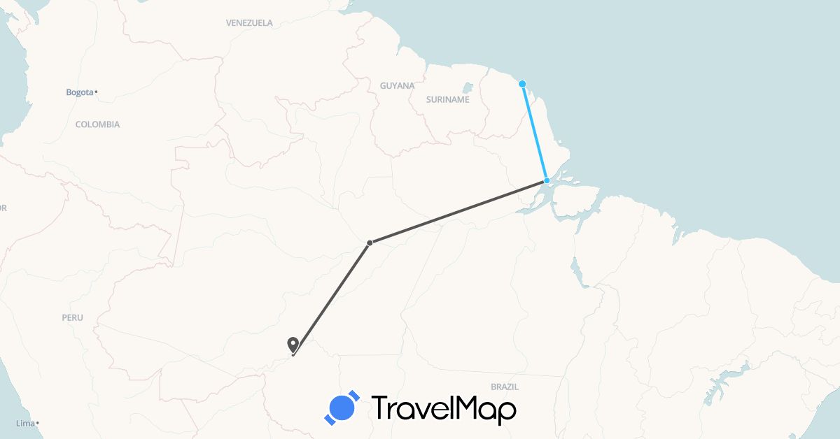 TravelMap itinerary: driving, boat, motorbike in Brazil, French Guiana (South America)